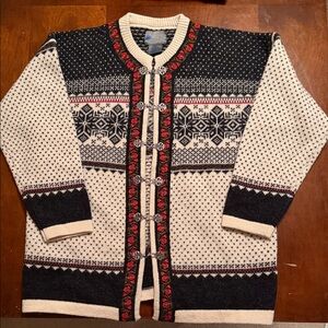 Cream and Black Nordic-Pattern Women's Cardigan with Red Trim